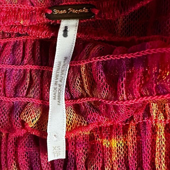 NWOT Free People Hello There Ruffled Sheer Mesh Top Red Pink Orange Abstract XS - Picture 9 of 16